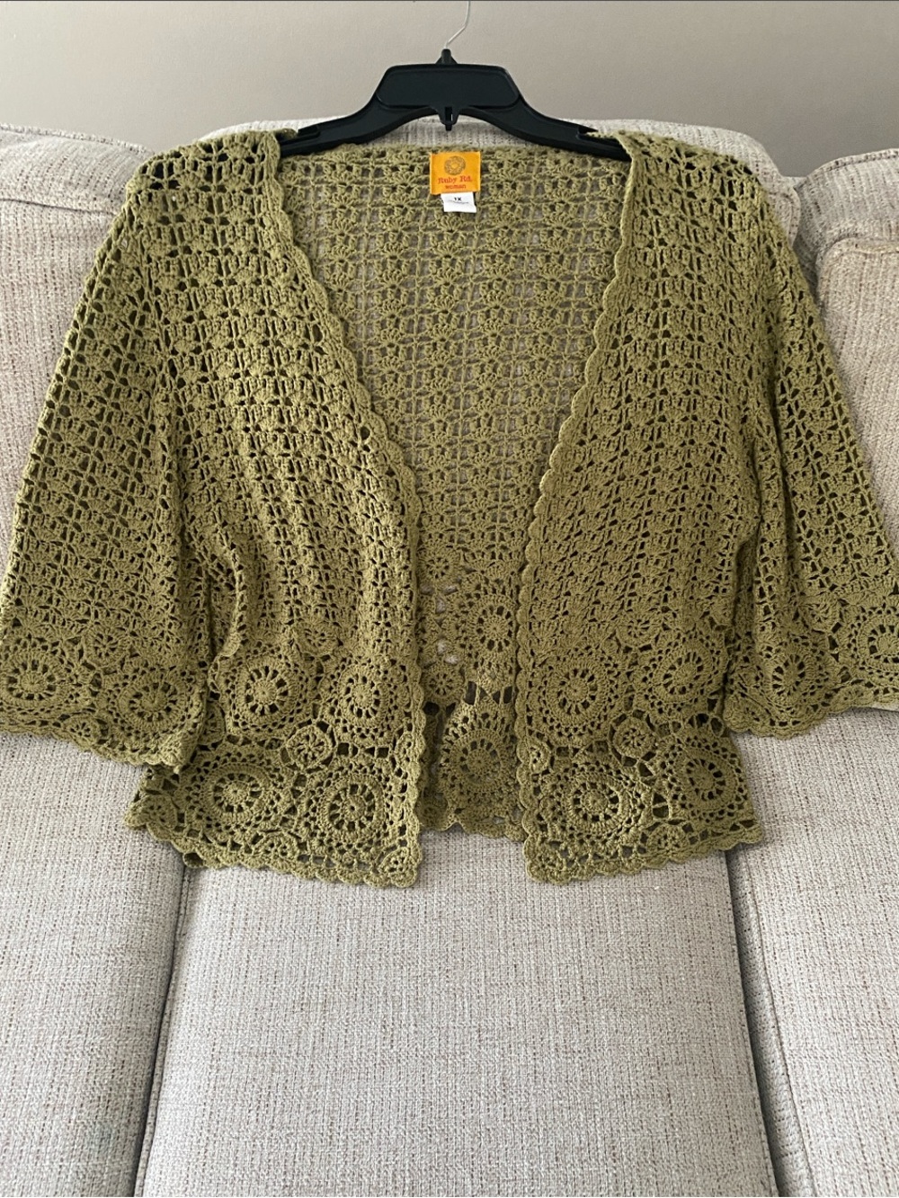 Ruby Rd. Olive Green Crochet Open-Front Shrug